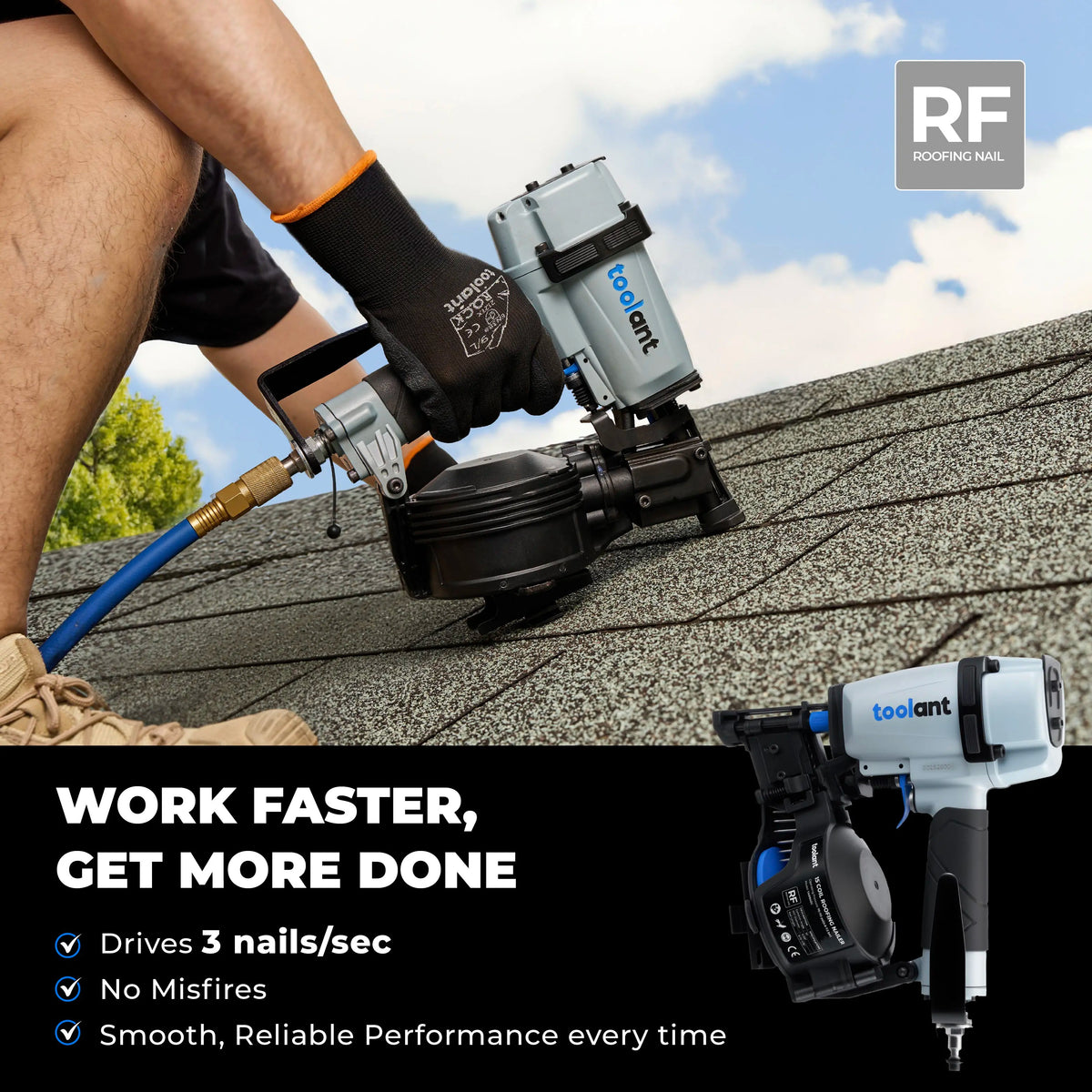 Toolant Pneumatic Roofing Nail Gun (Power Tools), 15-Degree Heavy Duty Nailgun with Metal Housing & Anti-Slip Grip, 3/4"-1-3/4" Nail Capacity, 120 Coil Load, 70-120 PSI, for Asphalt Shingles & Fencing, Includes Safety Glasses