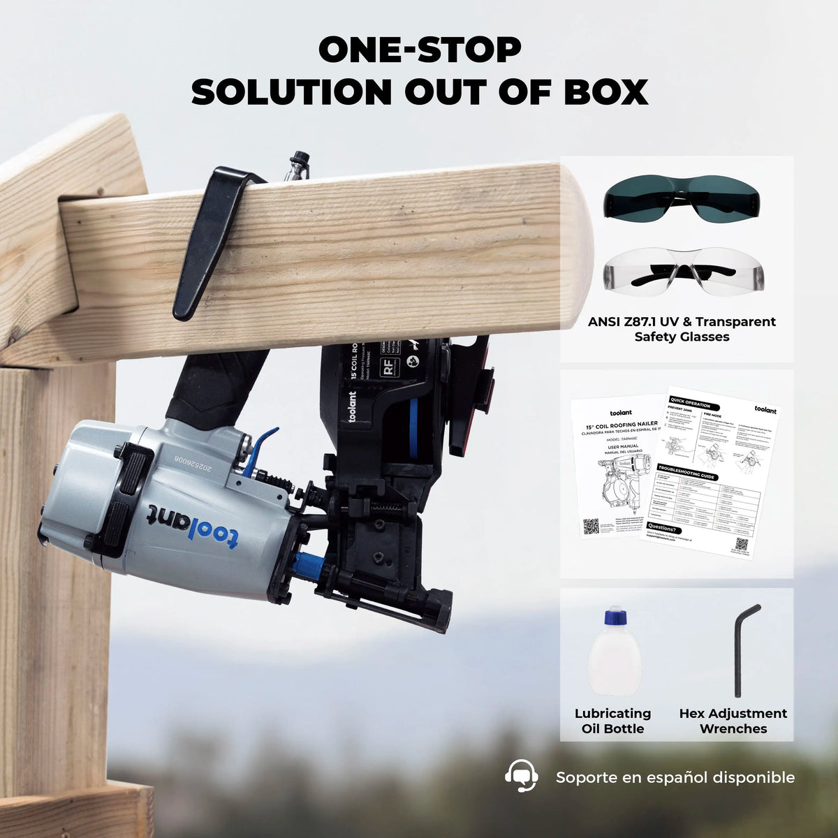 Toolant Pneumatic Roofing Nail Gun (Power Tools), 15-Degree Heavy Duty Nailgun with Metal Housing & Anti-Slip Grip, 3/4"-1-3/4" Nail Capacity, 120 Coil Load, 70-120 PSI, for Asphalt Shingles & Fencing, Includes Safety Glasses